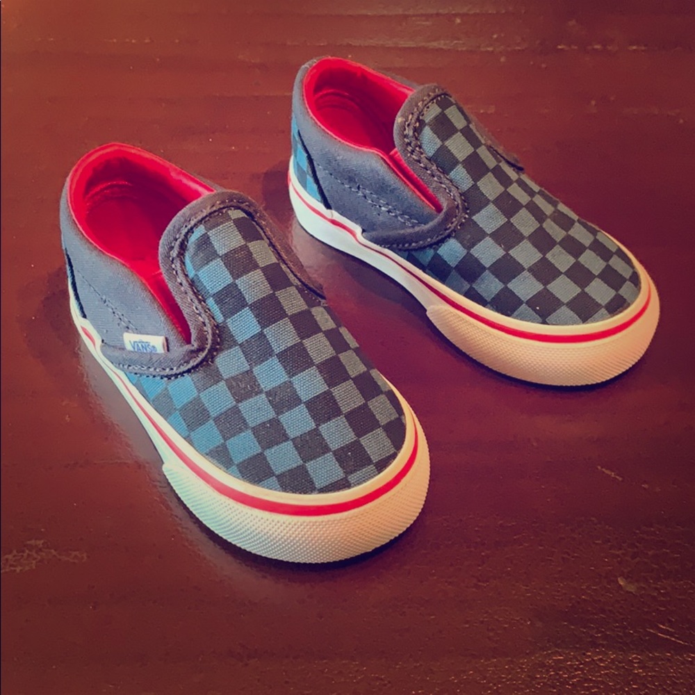Vans slip on shoes, blue and black checkers.
